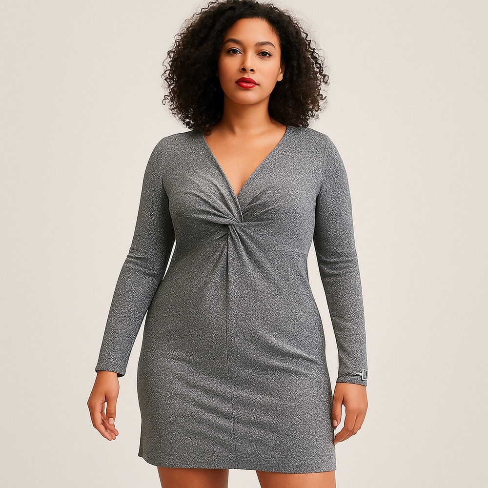 H&M Silver Glitter Knot Long Sleeve Party Dress Size XL